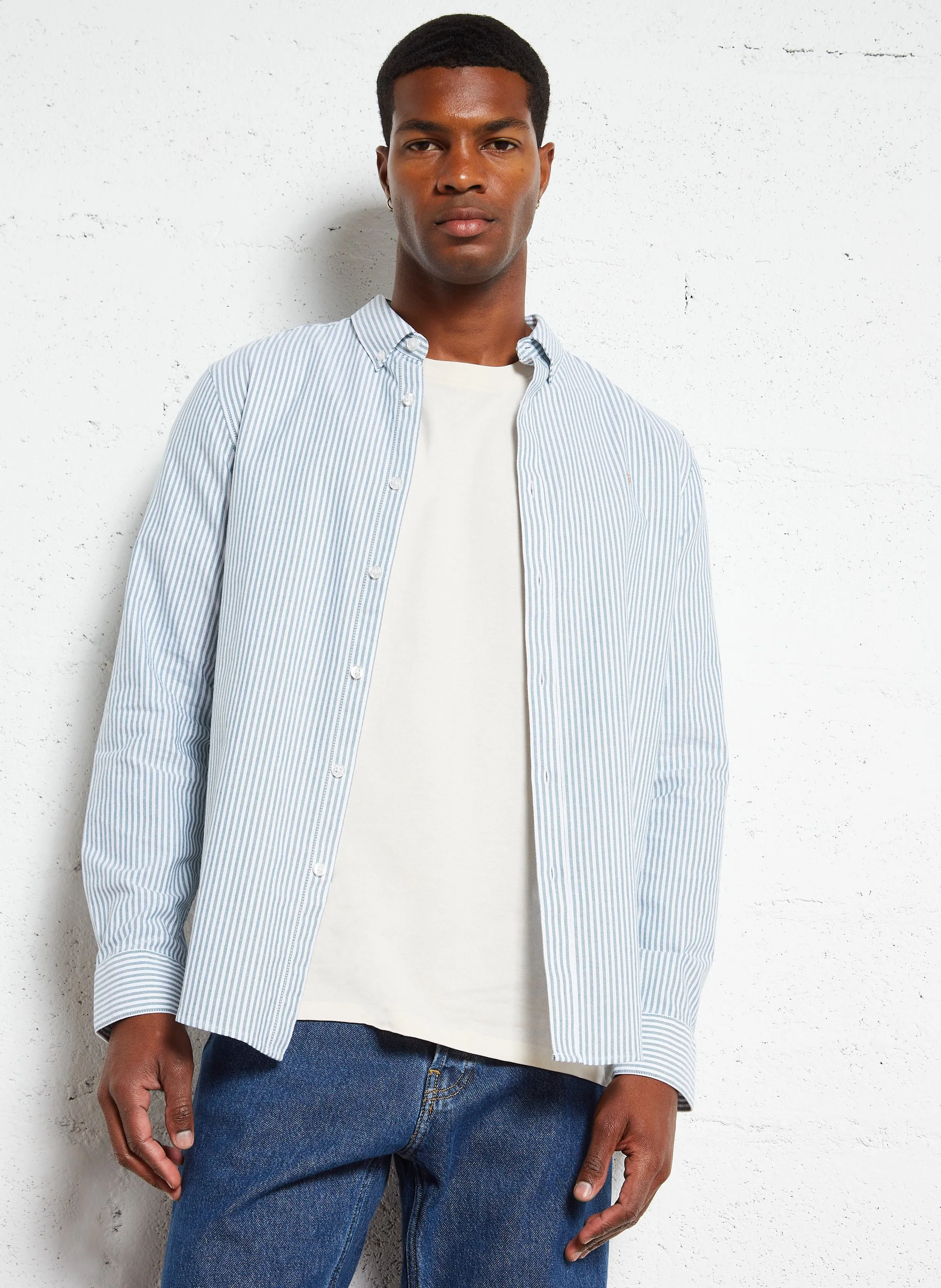 FARAH BREWER - Camisa de rayas regular fit con cuello clásico en verde