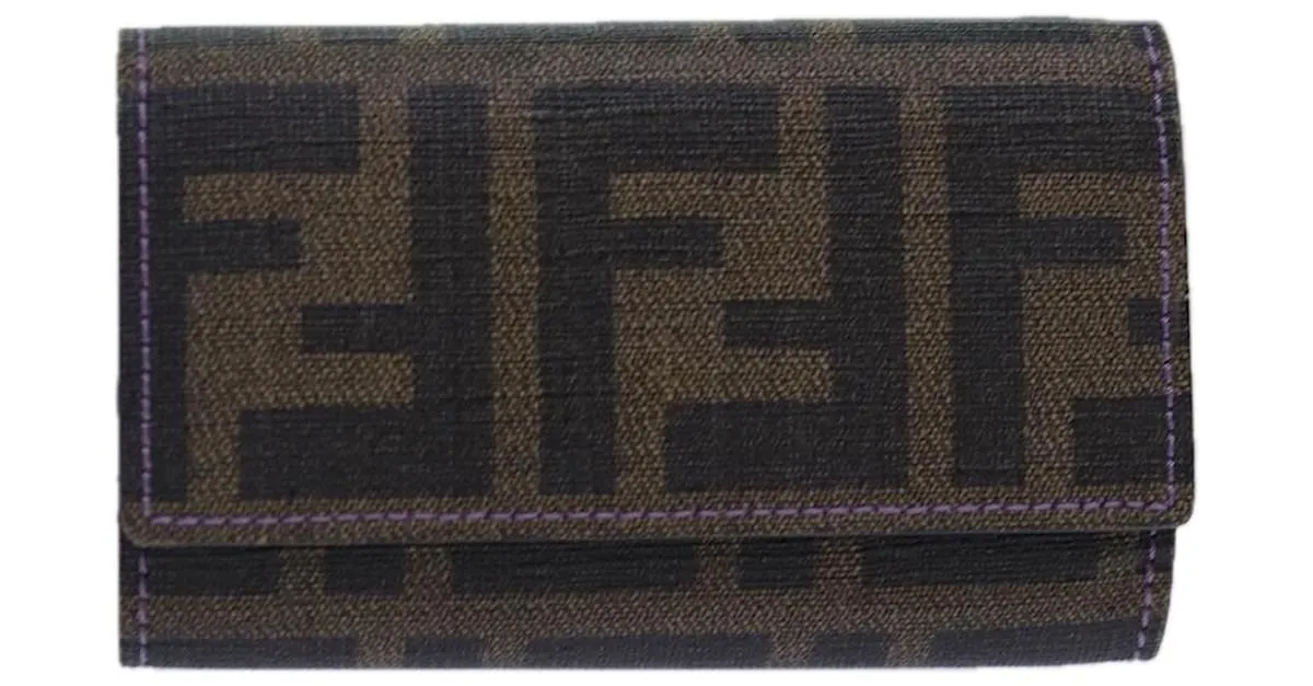 FENDI Estuche de Llaves de Lona Zucca Negro Marrón oro Auth yk14135 Castaño Dorado 