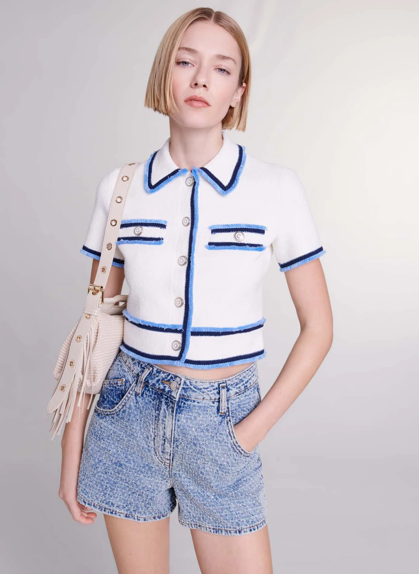 MAJE Chaqueta recta de mezcla de algodón con cuello clásico en blanco