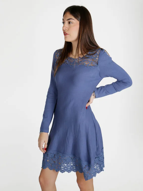 Solada Vestido de mujer evasé de manga larga con detalles de encaje macramé